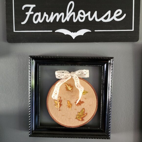 Embroidered Hoop Art, Autumn Leaves on Felt, 6" Stained Brown Wooden Frame, - Picture 5 of 10